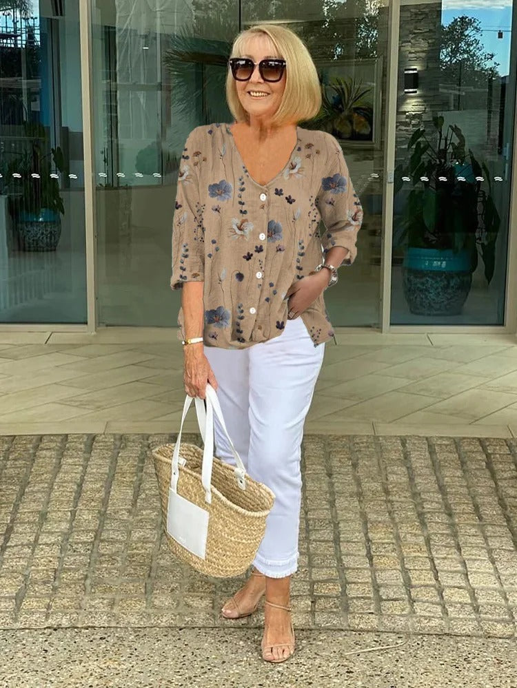 Teresa Camicetta floreale elegante con bottoni