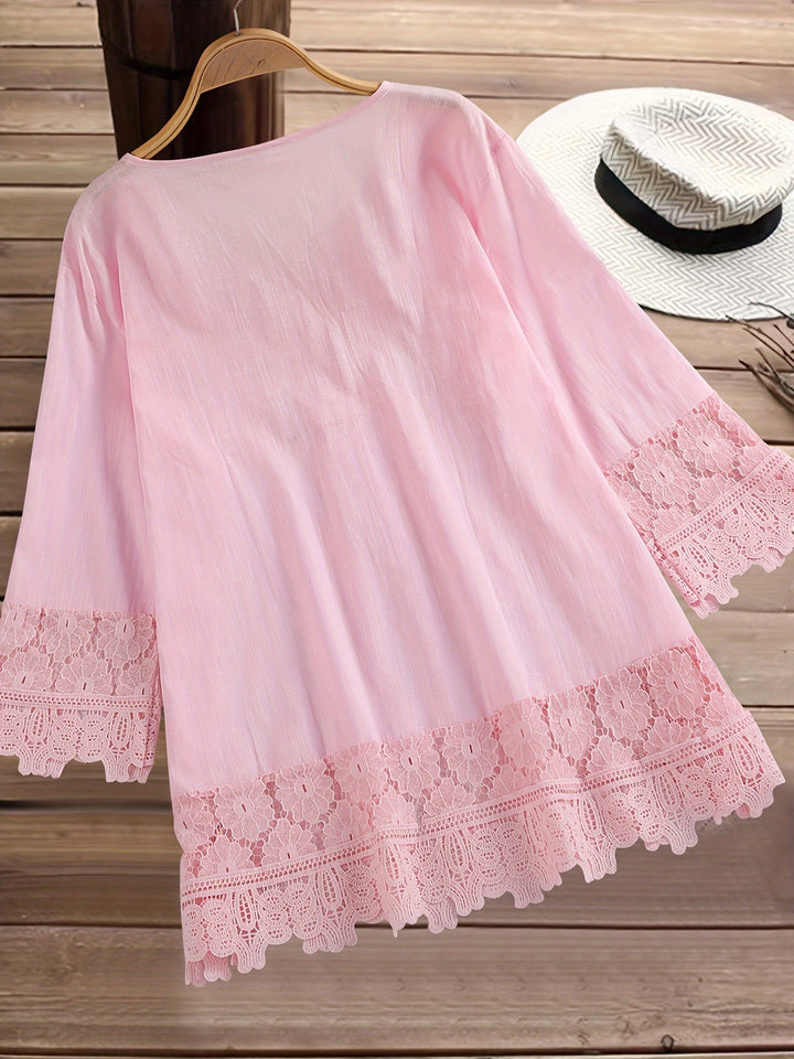 Camicetta elegante in pizzo patchwork con scollo a V