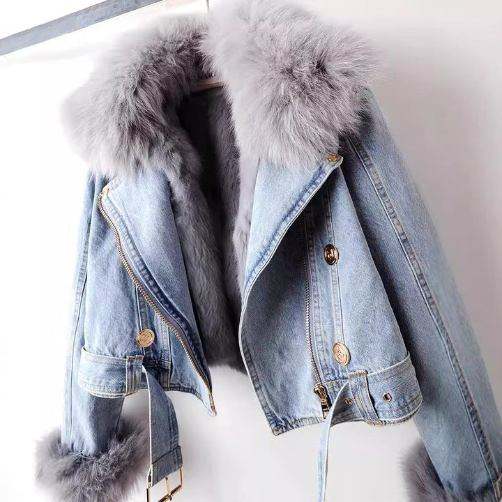Cappotto in denim con pelliccia di volpe foderata Margaux Luxe