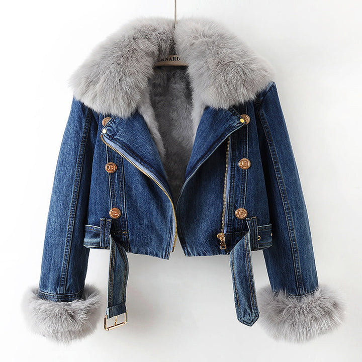 Cappotto in denim con pelliccia di volpe foderata Margaux Luxe