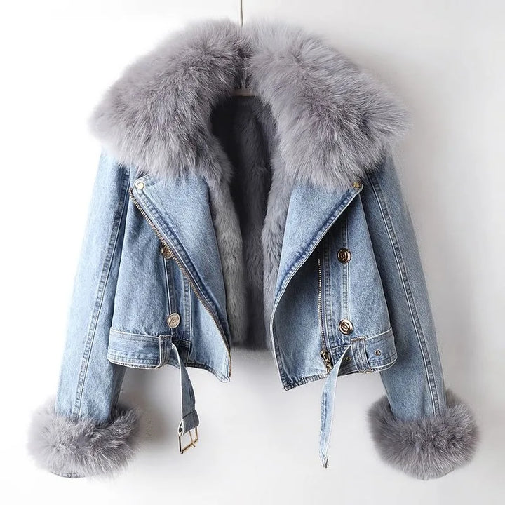 Cappotto in denim con pelliccia di volpe foderata Margaux Luxe