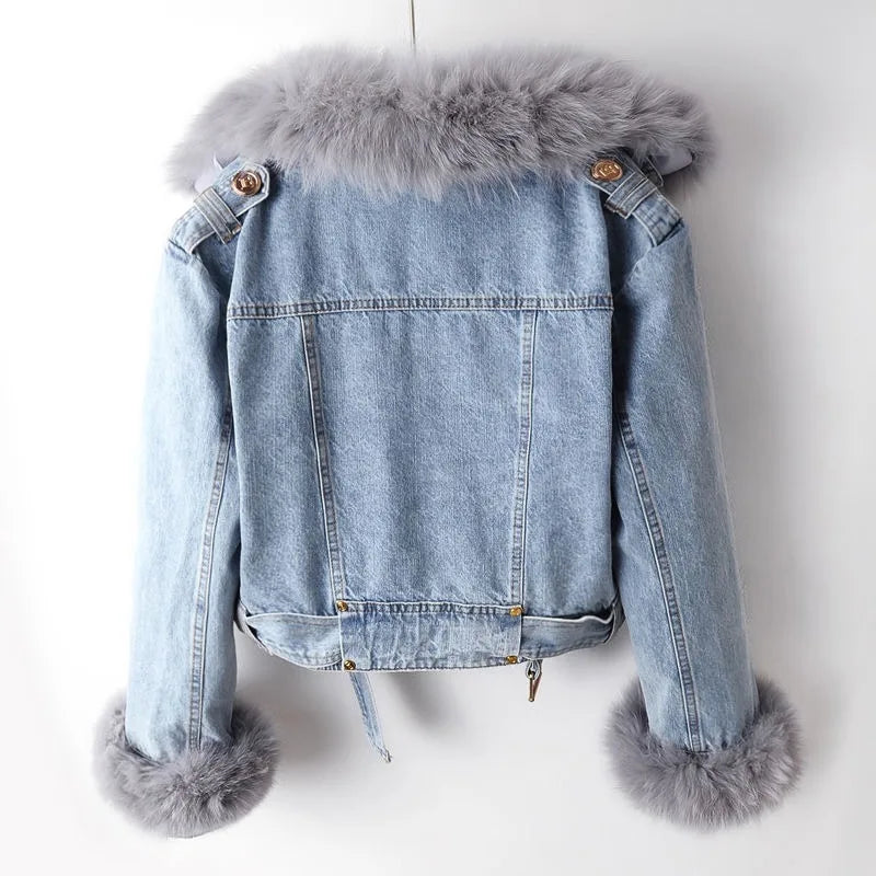 Cappotto in denim con pelliccia di volpe foderata Margaux Luxe