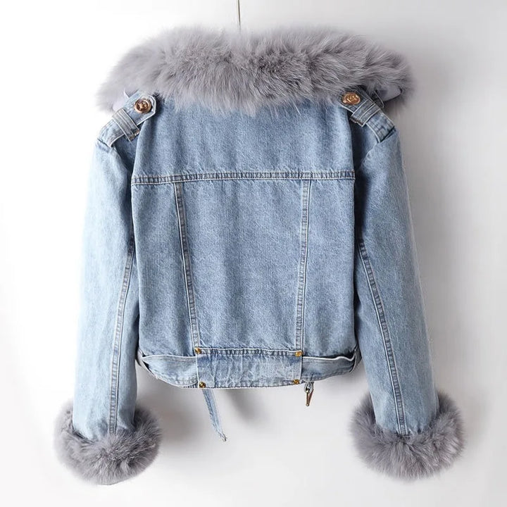 Cappotto in denim con pelliccia di volpe foderata Margaux Luxe