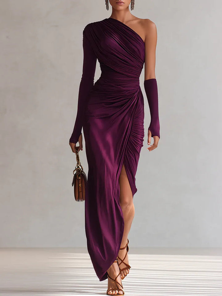 Rosalia - Elegante abito maxi viola sexy a spalla unica