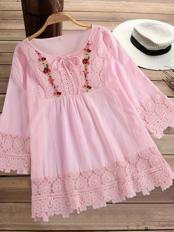 Camicetta elegante in pizzo patchwork con scollo a V